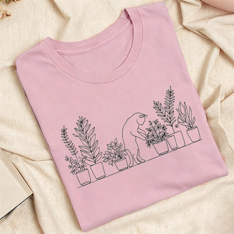 Embroidered Cat and Plant Lover Classic Adult Unisex Crew Neck T-Shirt
