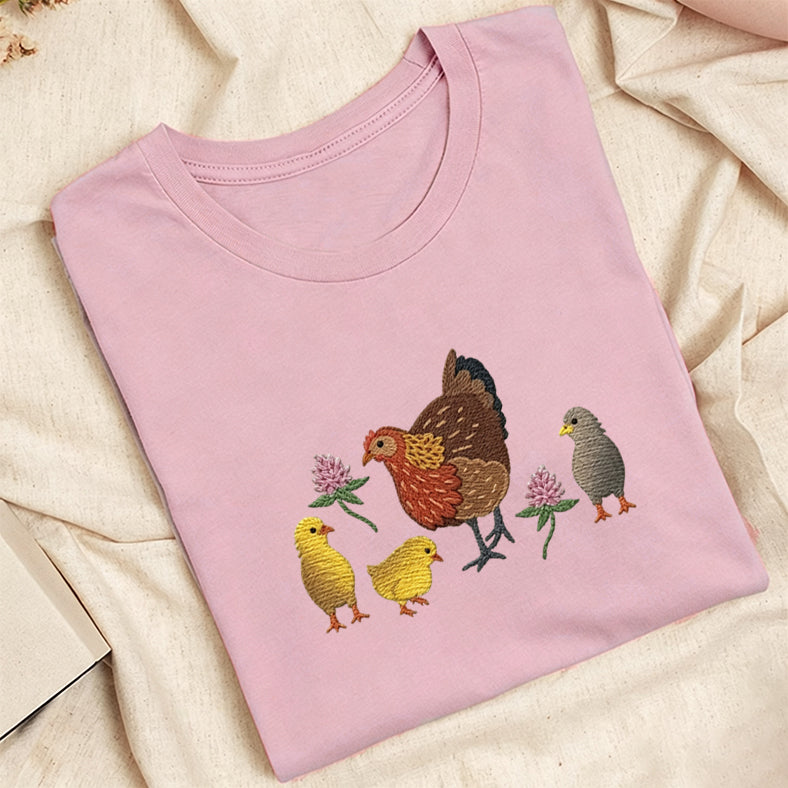 Embroidered Hen & Chicks Classic Adult Unisex Crew Neck T-Shirt