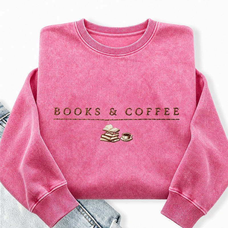 Embroidered Book & Coffee Washed Crewneck Sweatshirt