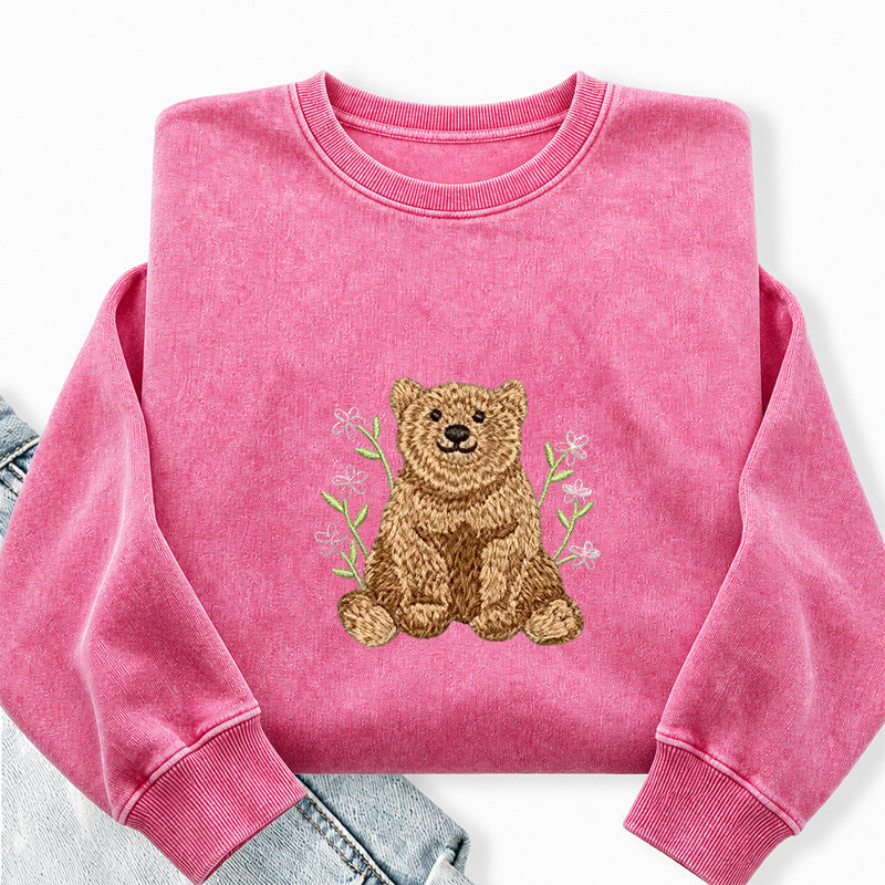 Embroidered Floral Bear Washed Crewneck Sweatshirt