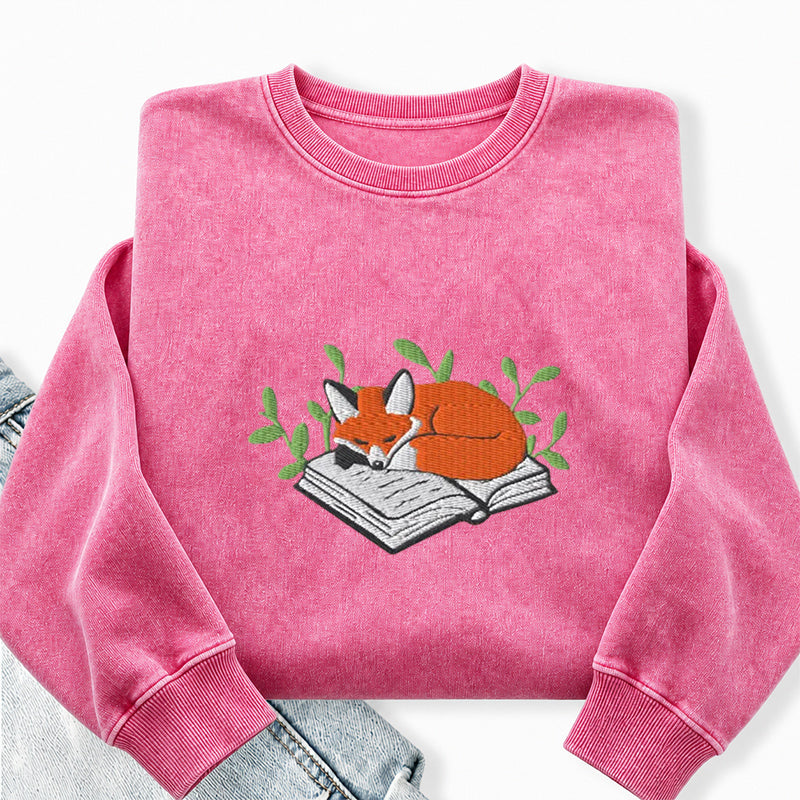 Embroidered Fox Book Nap Washed Crewneck Sweatshirt