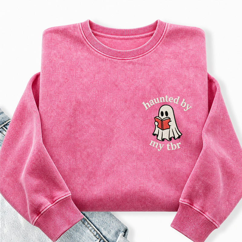 Embroidered Haunted By My TBR Washed Crewneck Sweatshirt