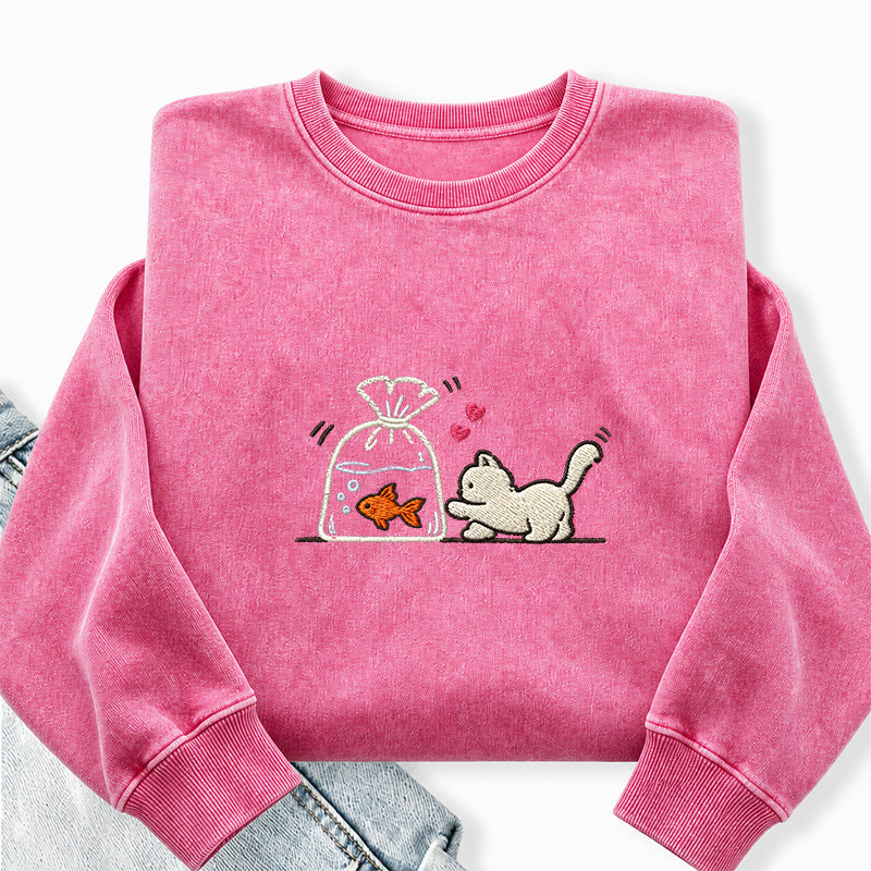 Embroidered Cute Cat Goldfish Washed Crewneck Sweatshirt
