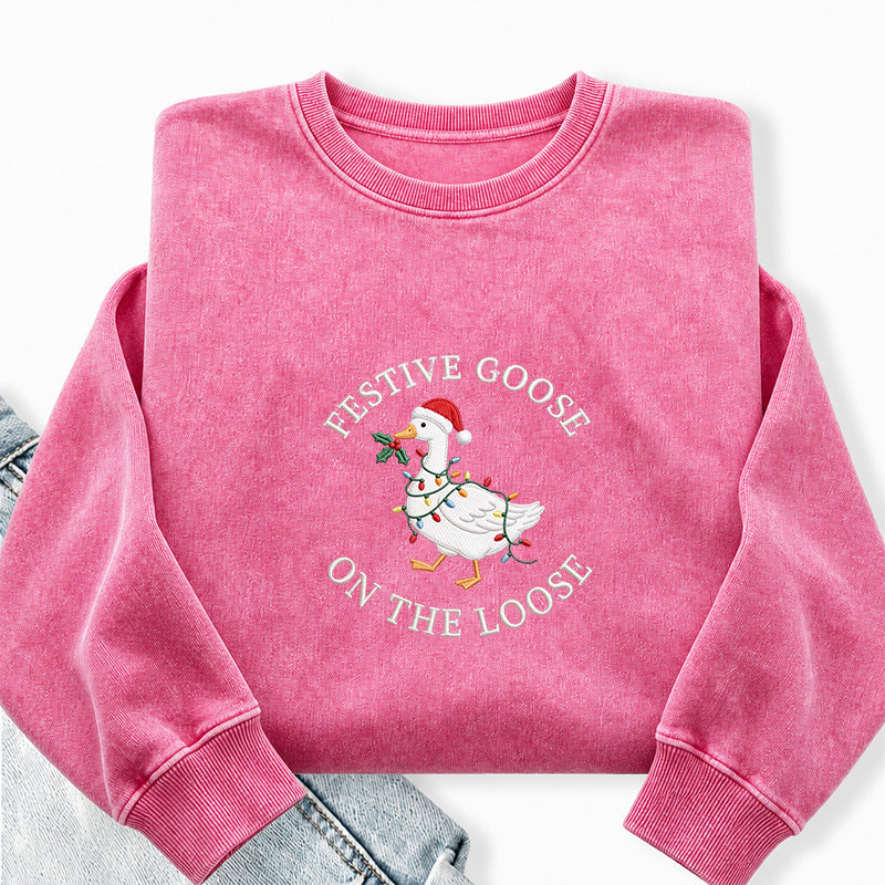 Embroidered Festive Goose On The Loose Washed Crewneck Sweatshirt