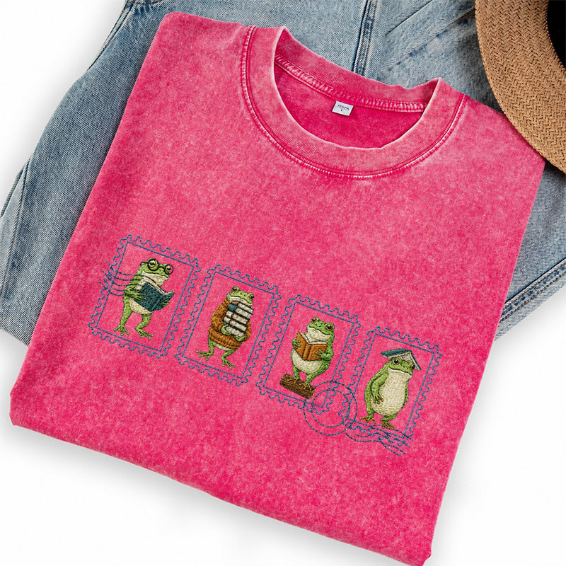 Embroidered Bookish Frog Stamp Washed Crew Neck T-Shirt