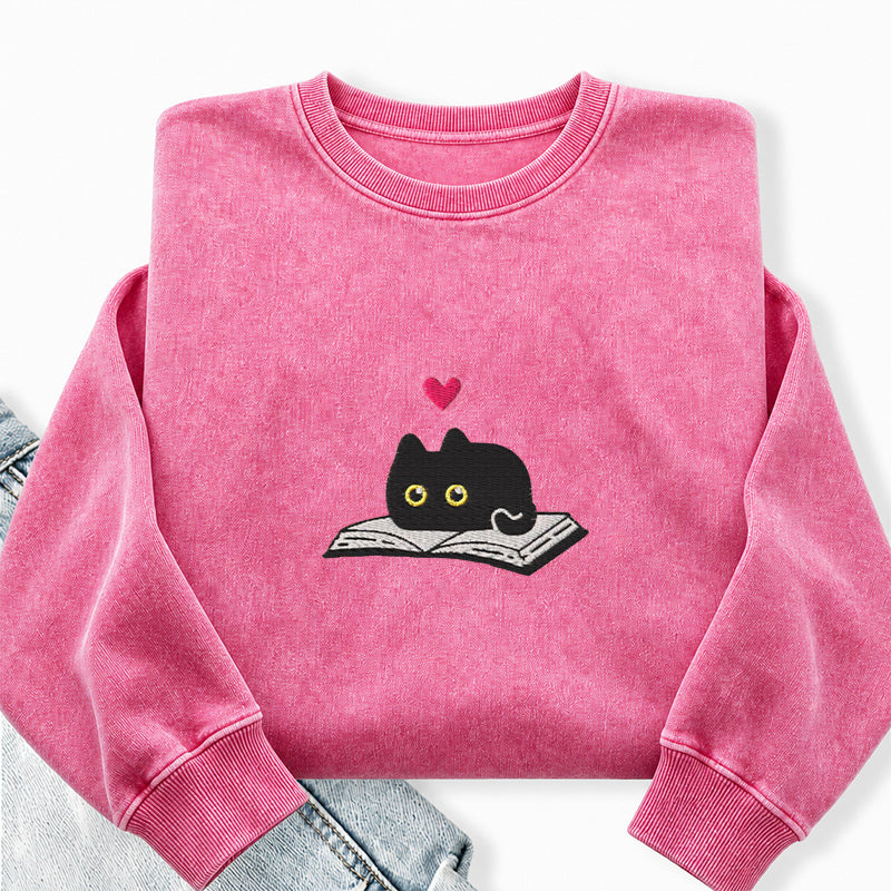 Embroidered Black Cat And Book Washed Crewneck Sweatshirt
