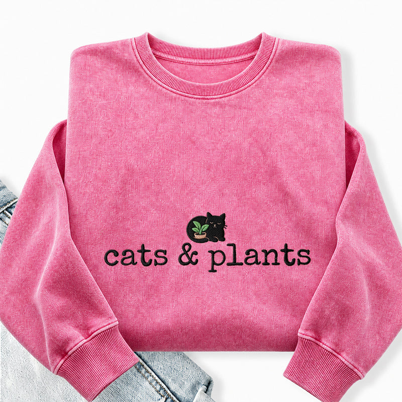 Embroidered Cat and Plants Washed Crewneck Sweatshirt