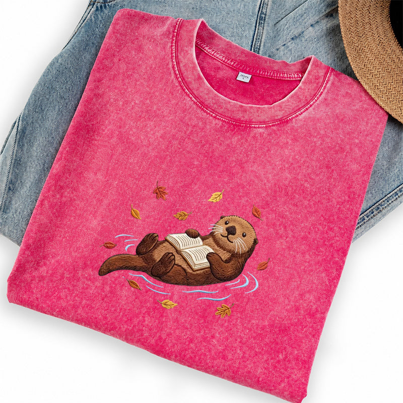 Embroidered Otter Reading Book Washed Crew Neck T-Shirt