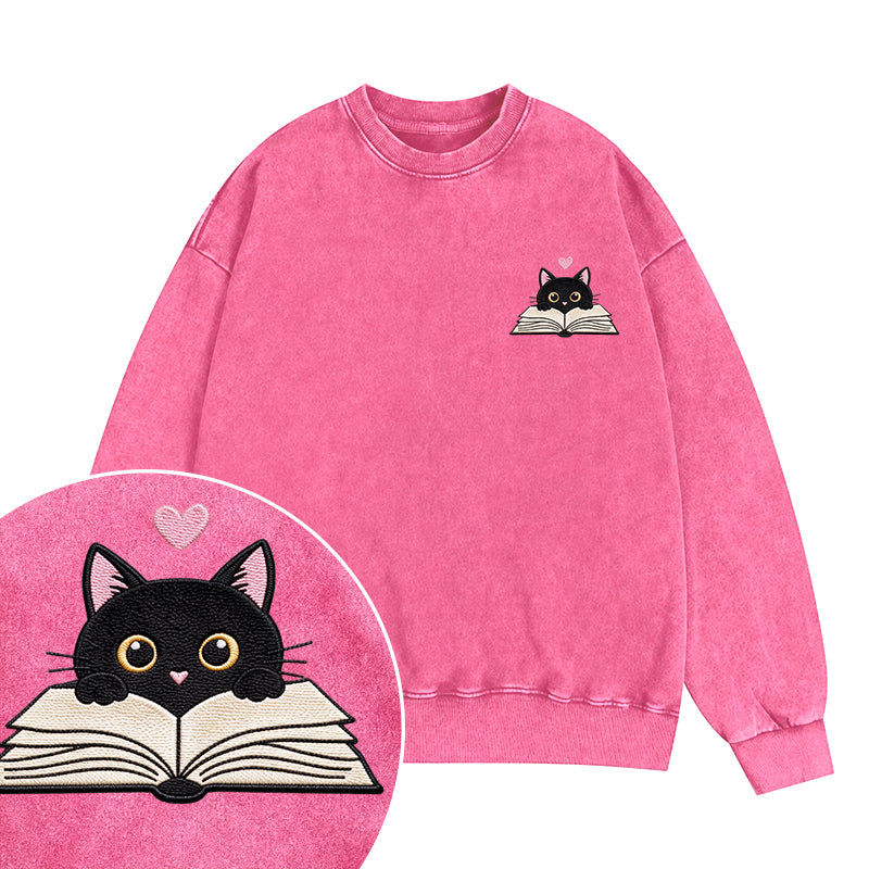 Embroidered Reading Black Cat Washed Crewneck Sweatshirt
