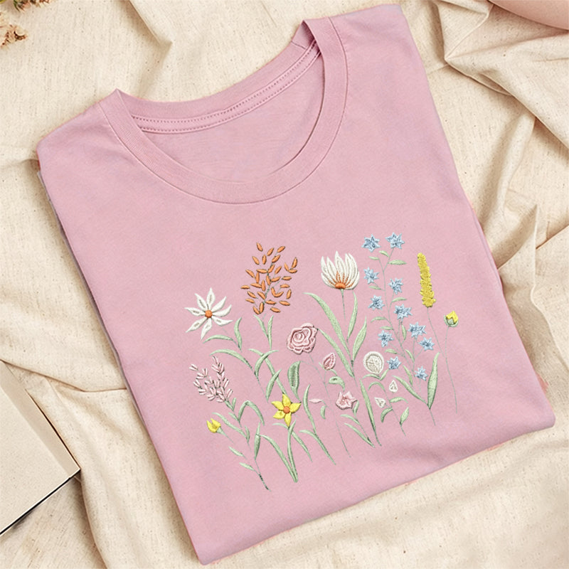 Embroidered Cute Wildflowers Classic Adult Unisex Crew Neck T-Shirt