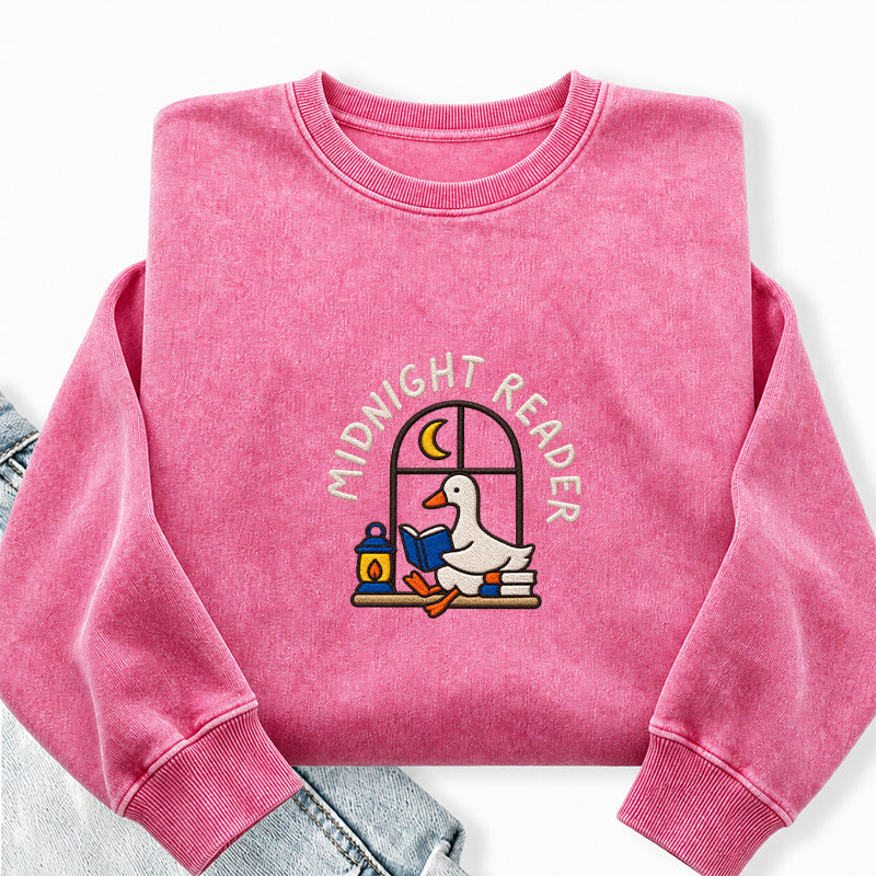 Embroidered Midnight Reader Goose Washed Crewneck Sweatshirt