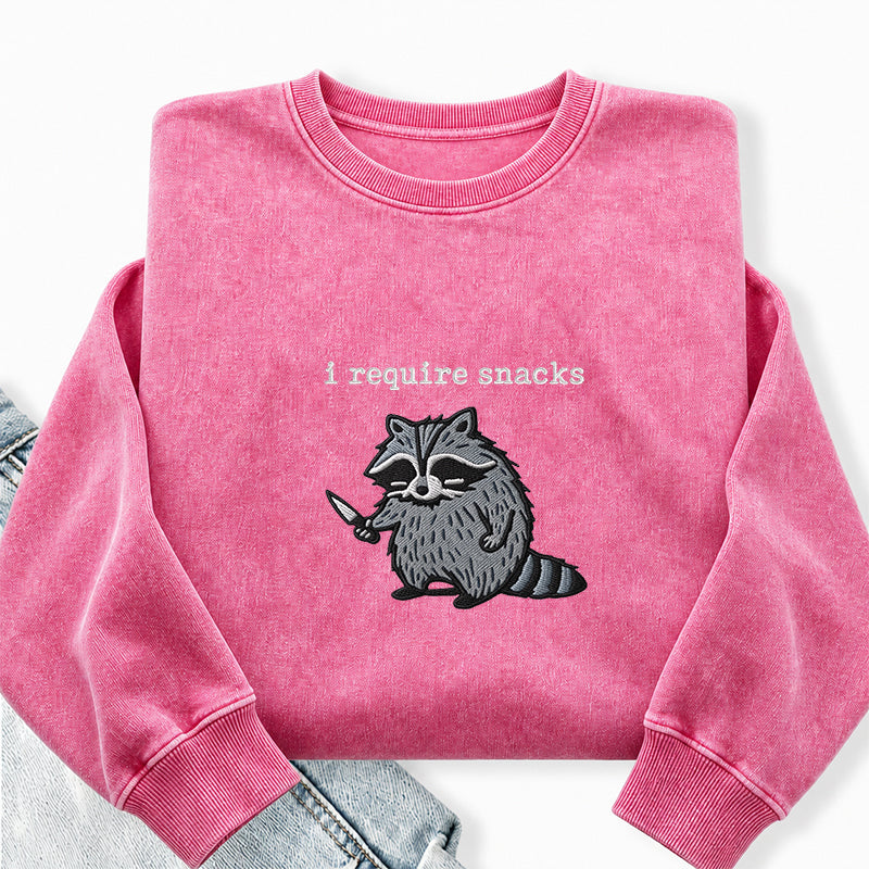 Embroidered Raccoon I Require Snacks Washed Crewneck Sweatshirt