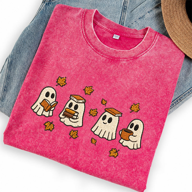 Embroidered Autumn Bookish Ghost Washed Crew Neck T-Shirt
