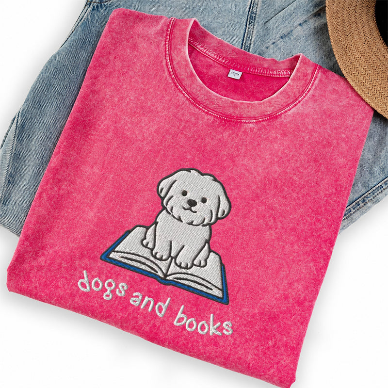 Embroidered Dogs and Books Washed Crew Neck T-Shirt