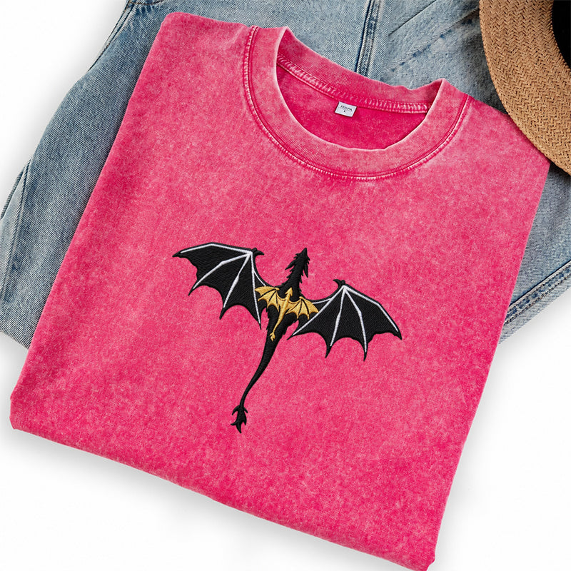 Embroidered Fantasy Book Dragon Washed Crew Neck T-Shirt