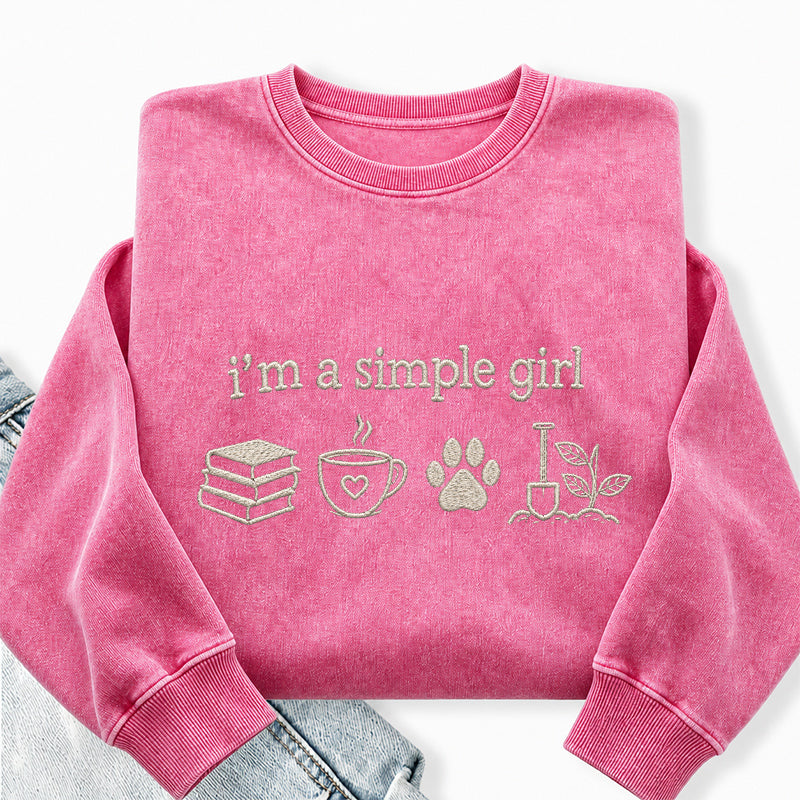 Embroidered Simple Girl Book Coffee Plant Washed Crewneck Sweatshirt