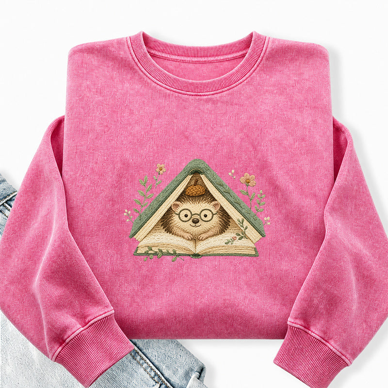 Embroidered Reading Hedgehog Washed Crewneck Sweatshirt