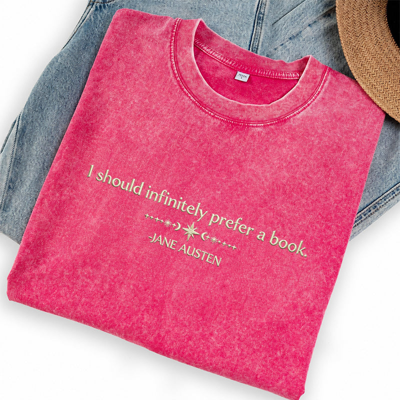 Embroidered Prefer a Book Washed Crew Neck T-Shirt