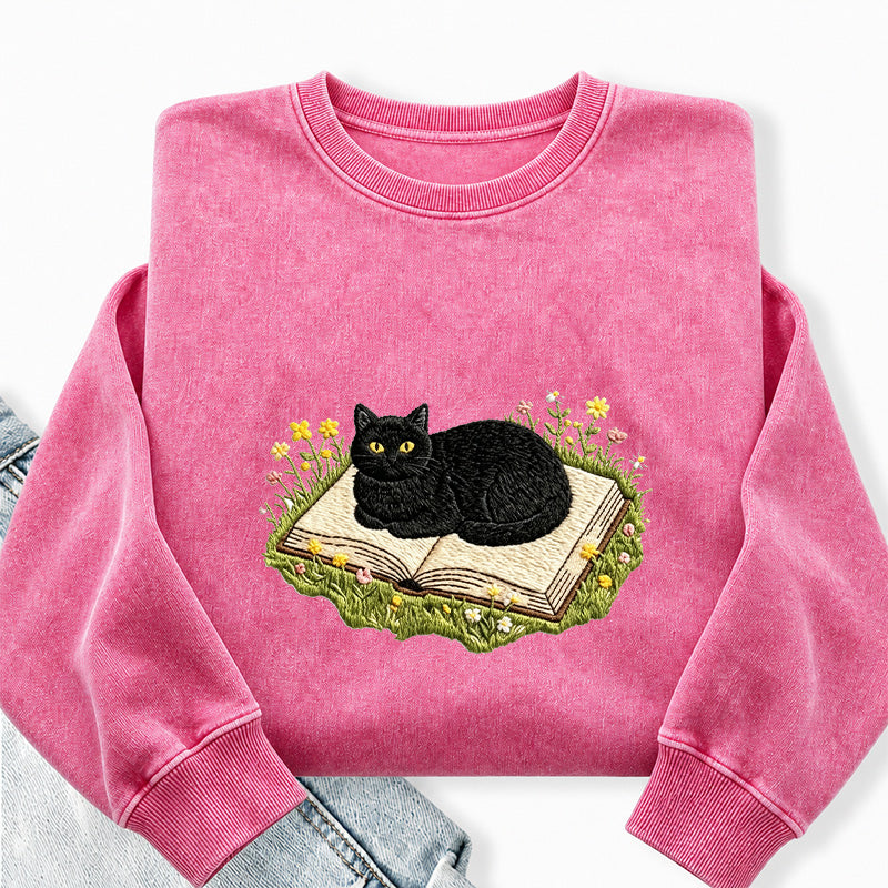 Embroidered Black Cat Book Washed Crewneck Sweatshirt