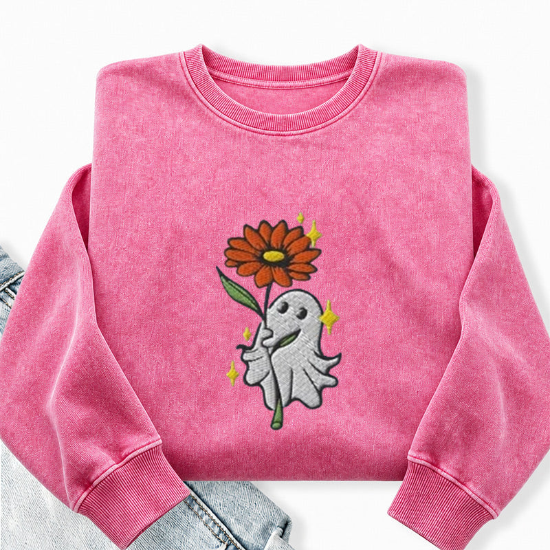Embroidered Ghost Holding a Flower Washed Crewneck Sweatshirt