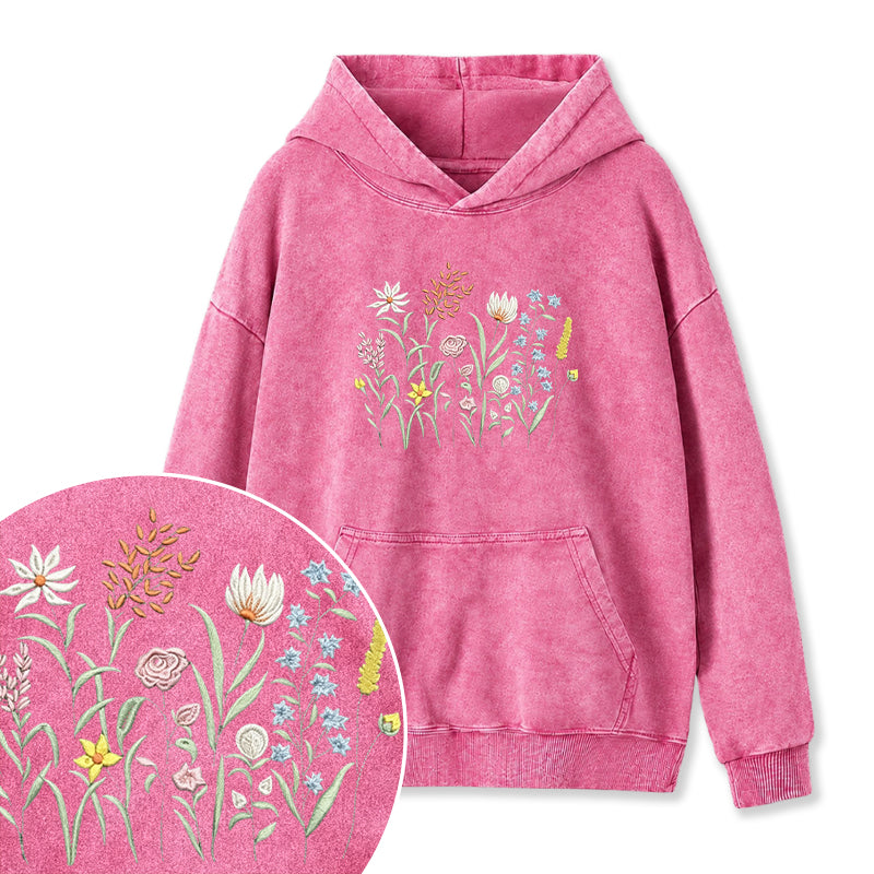Embroidered Cute Wildflowers Washed Hoodie