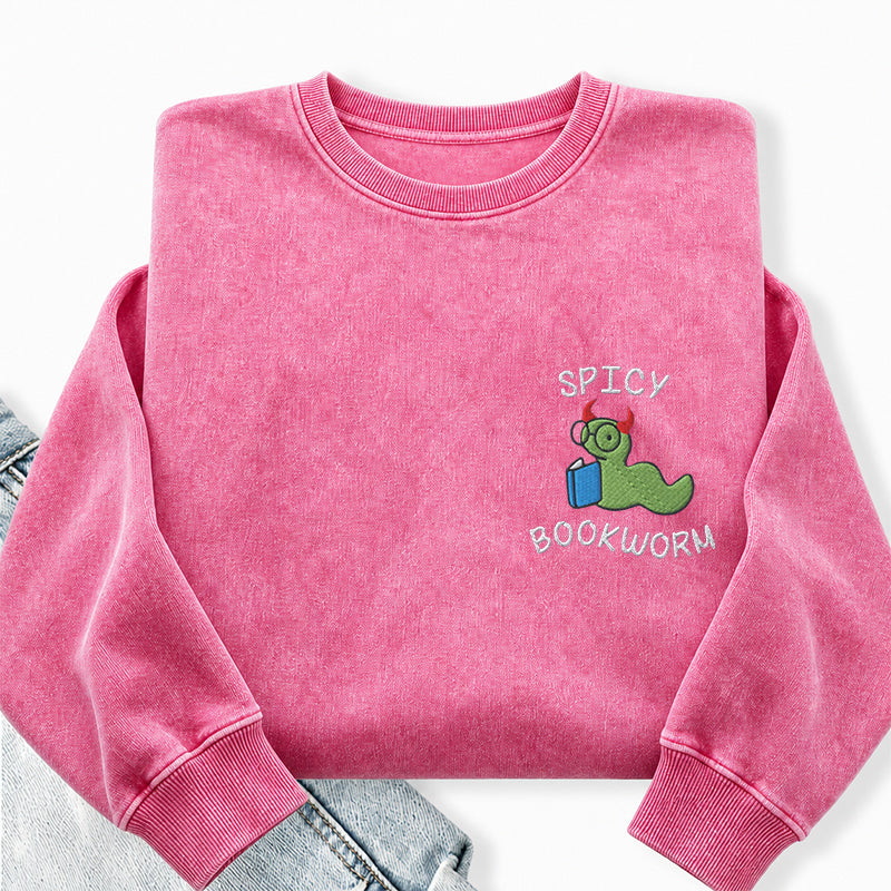 Embroidered Spicy Bookworm Washed Crewneck Sweatshirt