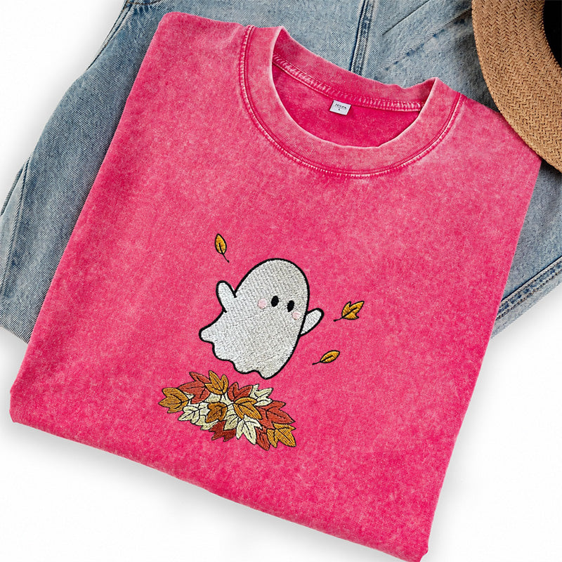Embroidered Fall Ghost Washed Crew Neck T-Shirt