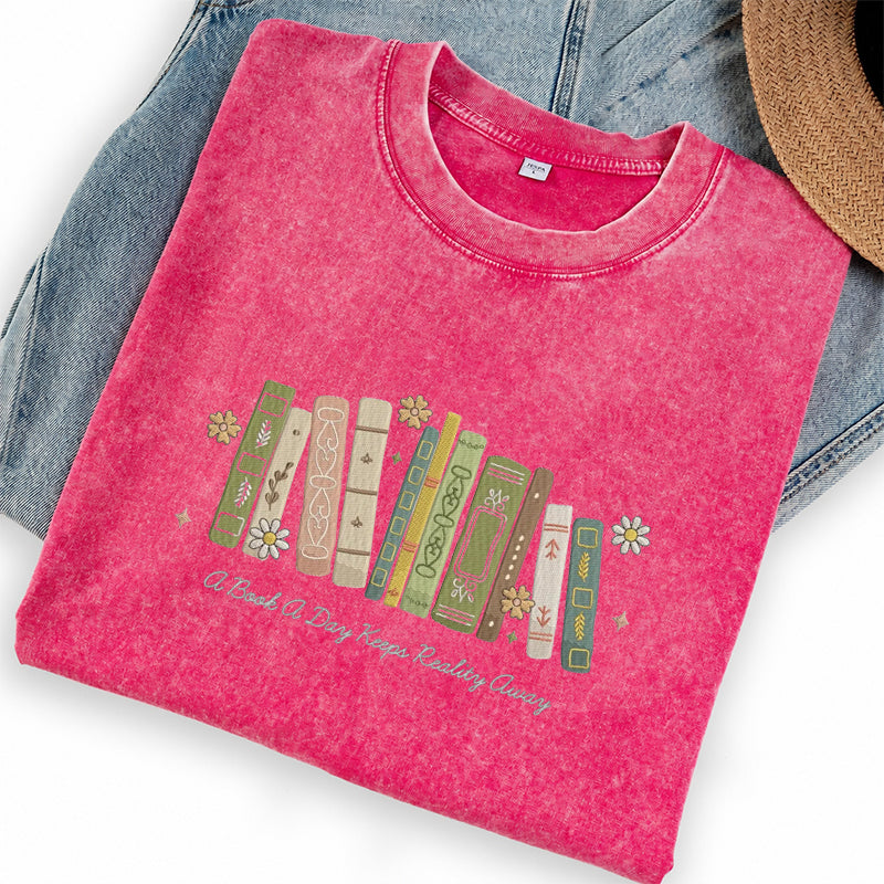 Embroidered A Book A Day Washed Crew Neck T-Shirt