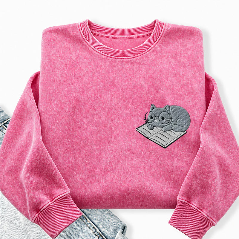Embroidered Cat On Book Washed Crewneck Sweatshirt