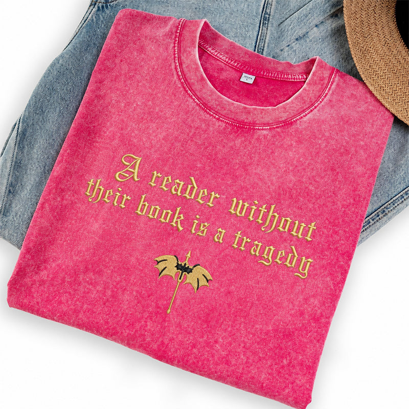 Embroidered Dragon Rider Book Lover Washed Crew Neck T-Shirt