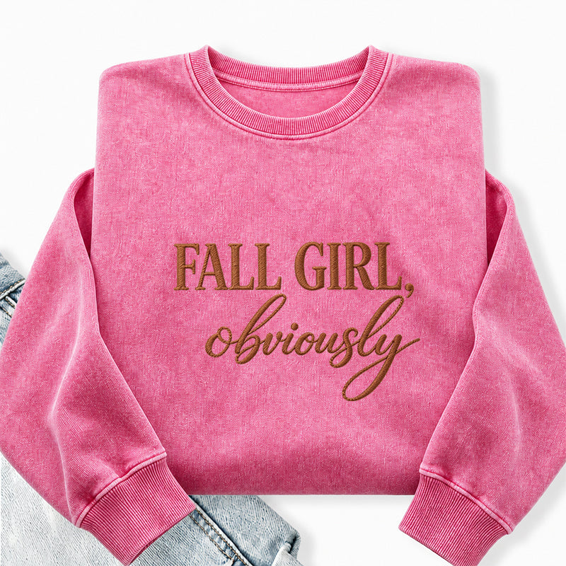 Embroidered Fall Girl Obviously Washed Crewneck Sweatshirt