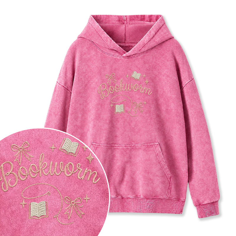 Embroidered Funny Bookworm Washed Hoodie