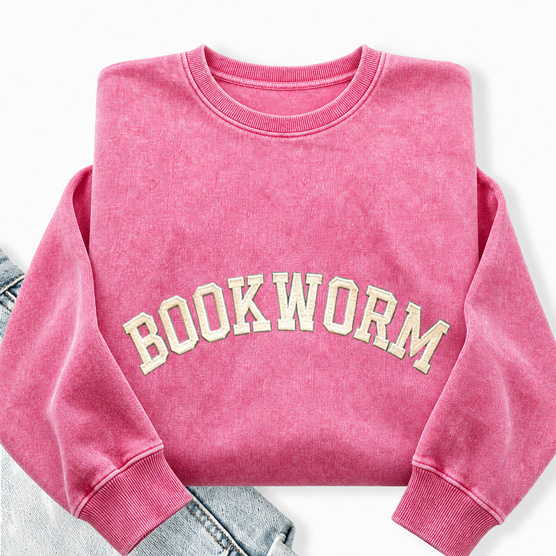 Embroidered Bookworm Washed Crewneck Sweatshirt