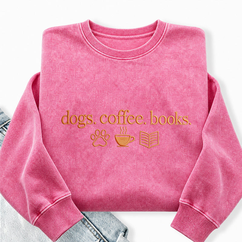 Embroidered Dogs Coffee Books Washed Crewneck Sweatshirt