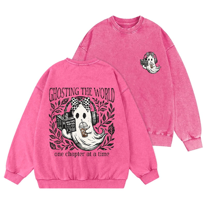 Funny Ghosting The World Reading Washed Crewneck Sweatshirt