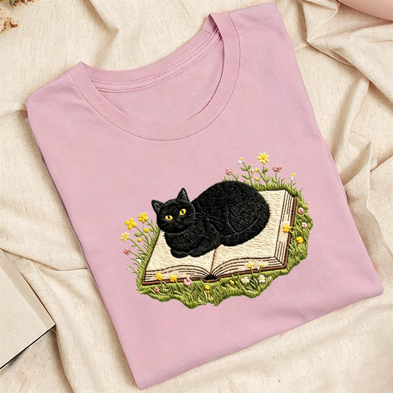 Embroidered Black Cat Book Classic Adult Unisex Crew Neck T-Shirt