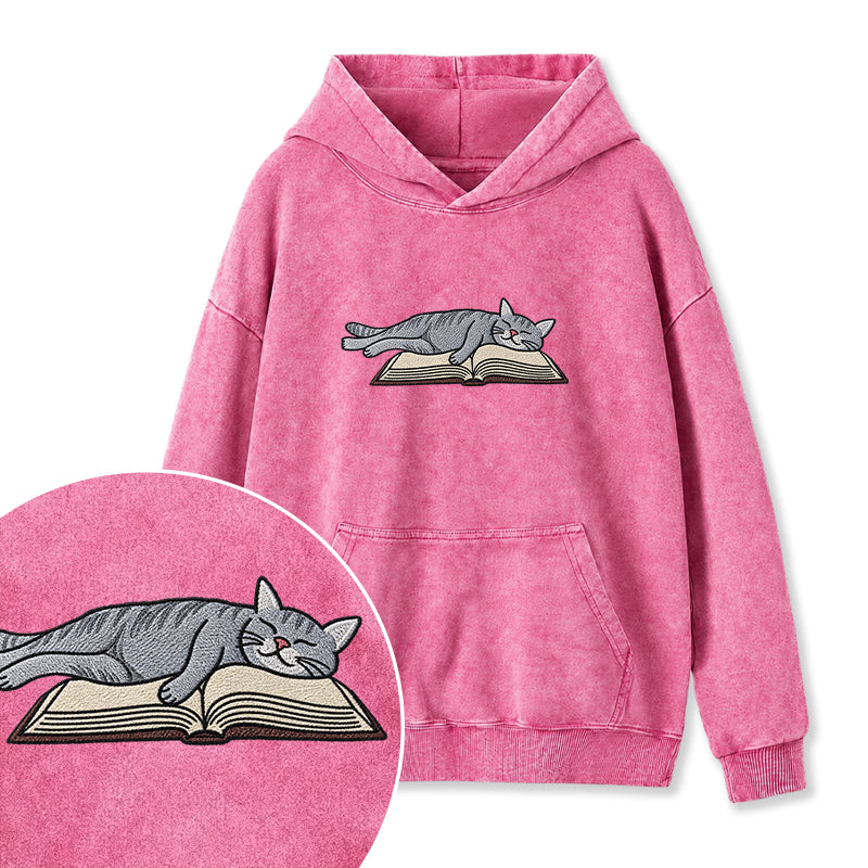 Embroidered Cat Sleeping On Book Washed Hoodie