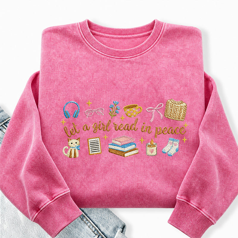 Embroidered Let A Girl Read In Peace Washed Crewneck Sweatshirt