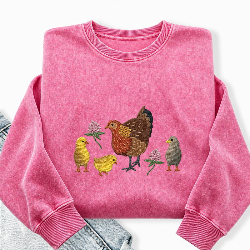Embroidered Hen & Chicks Washed Crewneck Sweatshirt