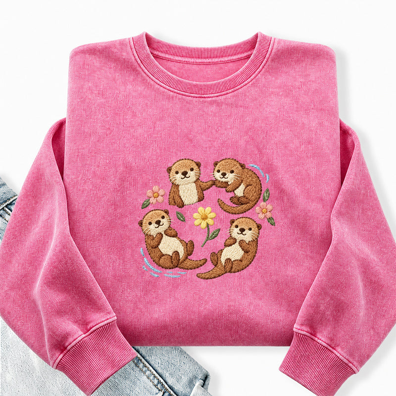 Embroidered Sea Otters And Flowers Washed Crewneck Sweatshirt