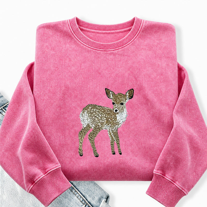Embroidered Forest Deer Washed Crewneck Sweatshirt