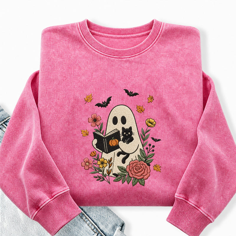 Embroidered Floral Ghost Reading Book Washed Crewneck Sweatshirt