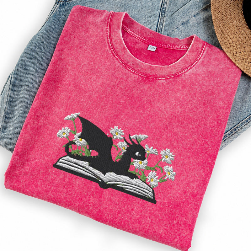 Embroidered Floral Dragon Book Washed Crew Neck T-Shirt