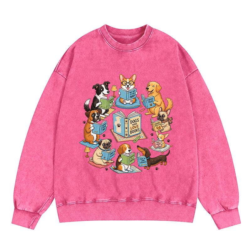 Dogs Who Love Books Reading Washed Crewneck Sweatshirt