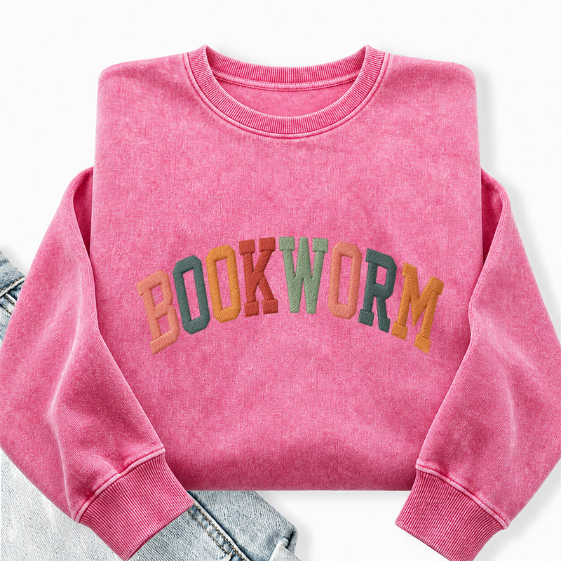 Embroidered Colorful Bookworm Washed Crewneck Sweatshirt