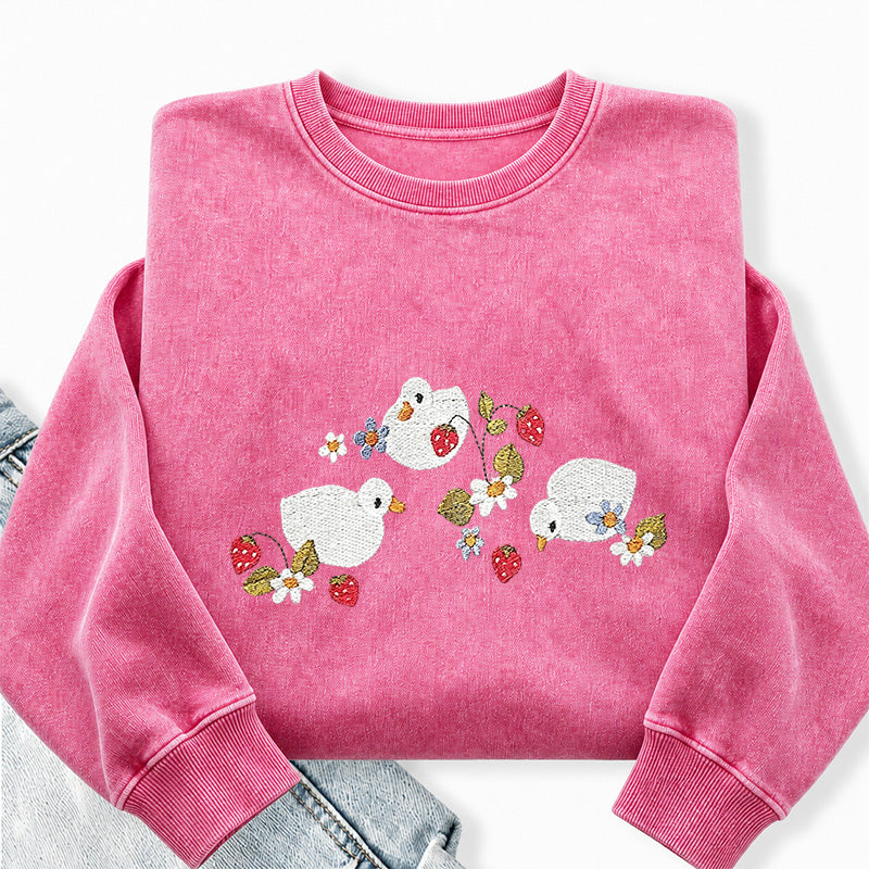 Embroidered Strawberry Duck Washed Crewneck Sweatshirt