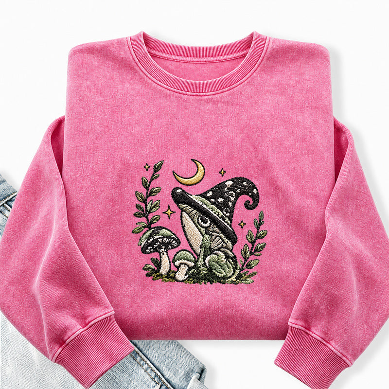 Embroidered Witchy Frog Washed Crewneck Sweatshirt