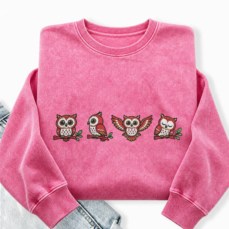 Embroidered Woodland Owls Washed Crewneck Sweatshirt