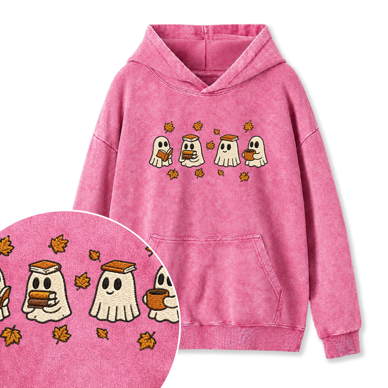 Embroidered Autumn Bookish Ghost Washed Hoodie