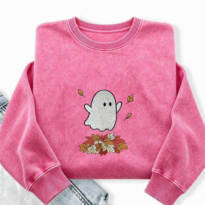 Embroidered Fall Ghost Washed Crewneck Sweatshirt